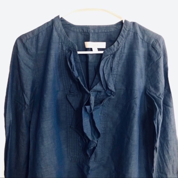 LOFT Chambray Ruffled Long Sleeve Blouse - Picture 2 of 7